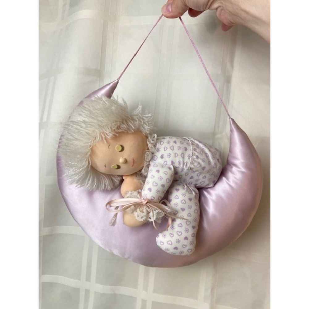 Vintage Russ Lavender Satin Crescent Moon Sleeping Baby Wall Hanging Decor